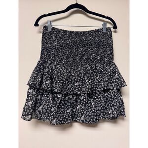 NWOT - SEN Black Smocked Tiered Fully Lined Metallic Star Print Mini Skirt, Sz S